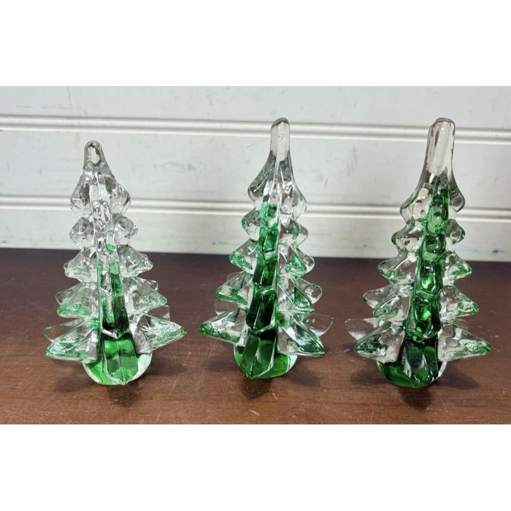 Lot Of 3 Vtg Holiday Christmas Trees Art Glass Figurines Clear & Green 4”-4.5”